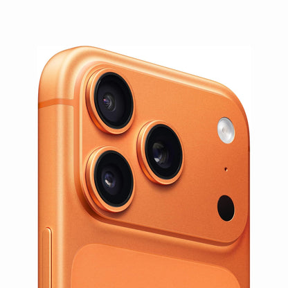 future tech gadgets Canada. smart tech store Canada. New Apple iPhone 17 Pro. Gallery image 7. The image features the corner of a smartphone in a vibrant orange color, angled slightly to showcase its three camera lenses. The lenses are circular with black rims, positioned in a triangular arrangement, alongside a small flash and a microphone hole. The surface of the phone has a matte finish that reflects light softly, enhancing its sleek appearance.