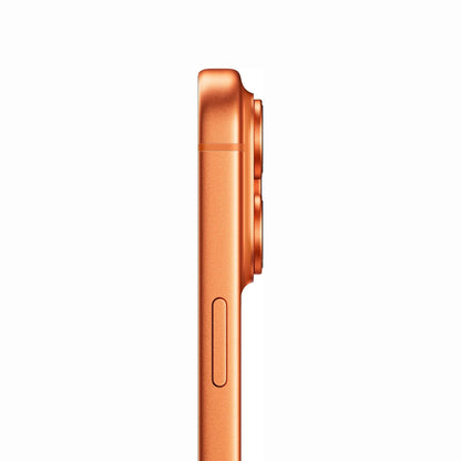 future tech gadgets Canada. smart tech store Canada. New Apple iPhone 17 Pro. Gallery image 8. The product is shown from a side angle, centered against a seamless white background. Its body features a smooth, matte orange finish, with a slight sheen catching the light. Two circular camera lenses are visible at the top, along with a small button below them. A narrow groove runs horizontally across the middle, indicating a design element.