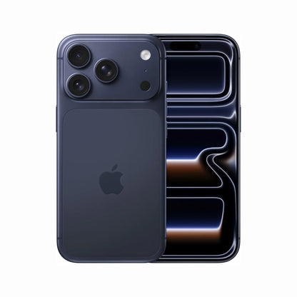 future tech gadgets Canada. smart tech store Canada. New Apple iPhone 17 Pro. Gallery image 9. The image features a dark blue smartphone positioned at an angle, showcasing its back and side. The back has a matte finish with three circular camera lenses and a small flash, while the front displays a sleek, glossy screen with a minimal bezel. The background is a seamless white, enhancing the product's visibility. The Apple logo is prominently displayed on the back.