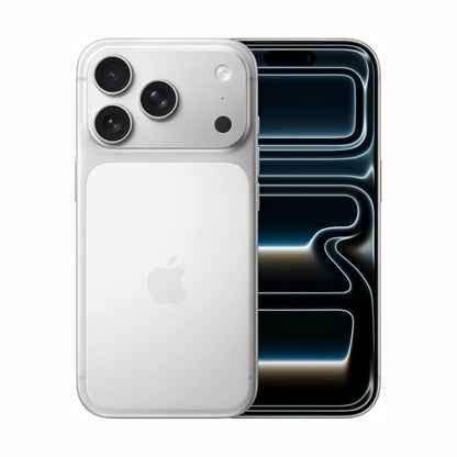 future tech gadgets Canada. smart tech store Canada. New Apple iPhone 17 Pro. Gallery image 4. The image features a silver smartphone positioned at an angle, showcasing both its back and front. The back displays a smooth, matte surface with three camera lenses and a small microphone, while the front reveals a vibrant, dark screen with a sleek design. The background is a seamless white, enhancing the product's visibility.