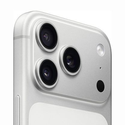 future tech gadgets Canada. smart tech store Canada. New Apple iPhone 17 Pro. Gallery image 5. The image features a close-up view of a smartphone's rear camera module, positioned in the top left corner. The device has a sleek silver finish with a matte texture. Three circular camera lenses are prominently displayed, each with a dark outer ring, and a smaller flash is located to the right. The background is a seamless white, enhancing the focus on the camera details.