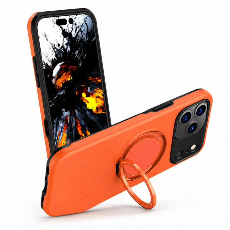 Durable MagSafe Phone Case for iPhone 17 Pro Max – Orange Protective Mobile Cover with Ring Stand Design
