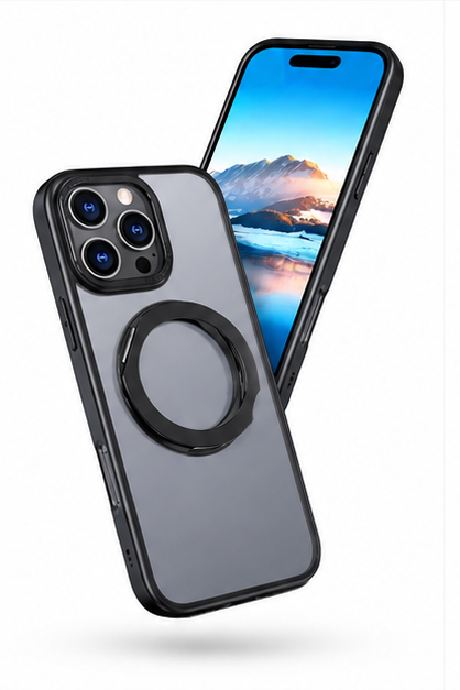 Black iPhone 16 Pro Max protective case with magnetic ring holder
