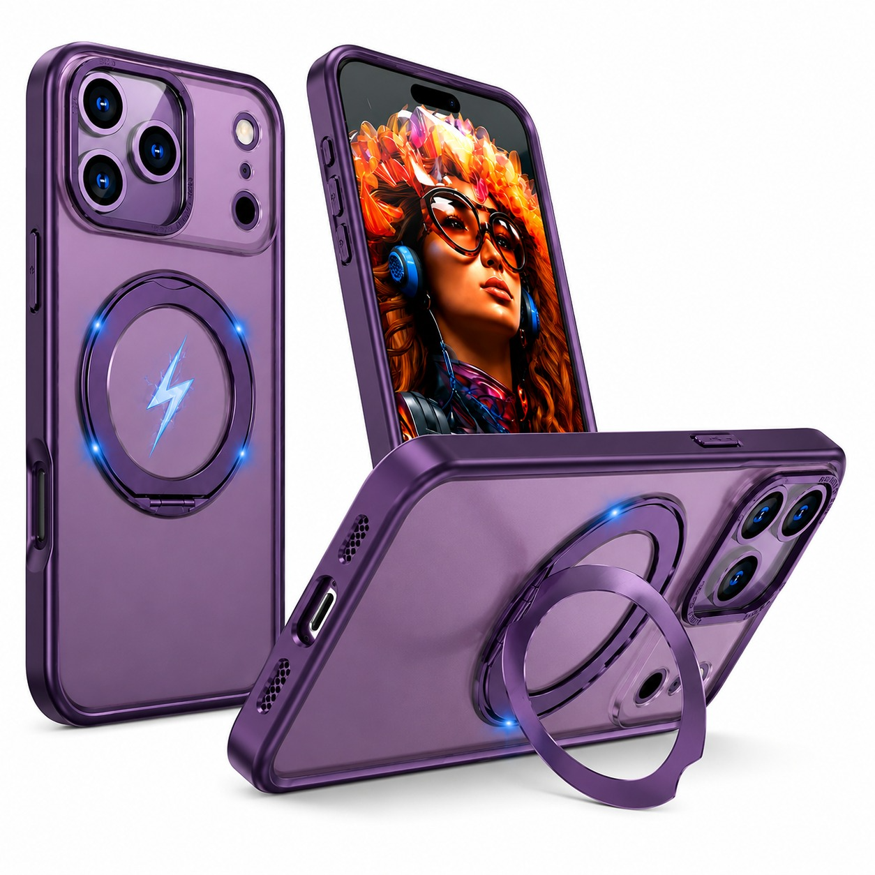 Deep Purple MagSafe Ring Stand Case iPhone 17 Pro Max Shockproof Phone Cover
