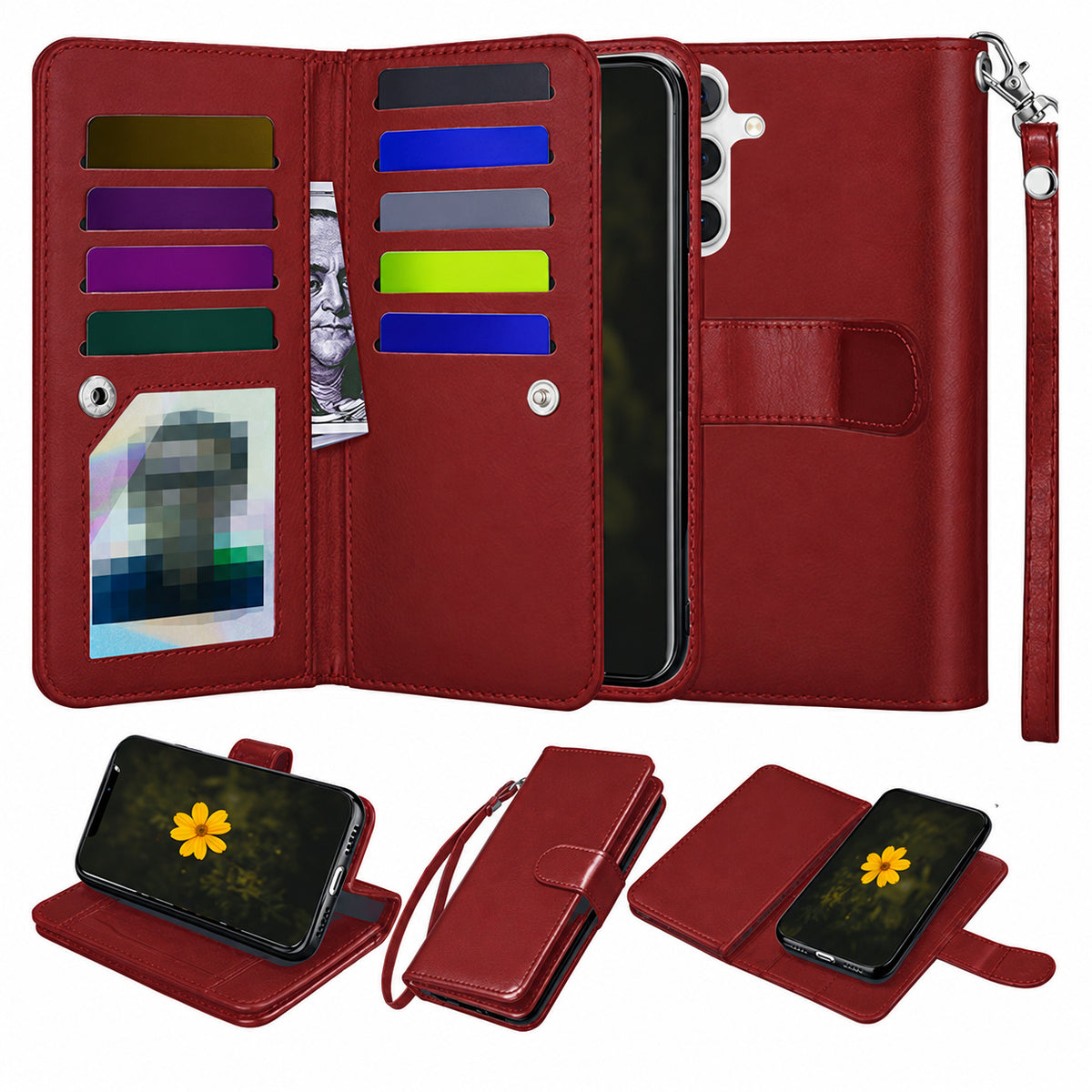 Bifold 9 Card detachable wallet for Samsung Galaxy S25 Plus - Wine