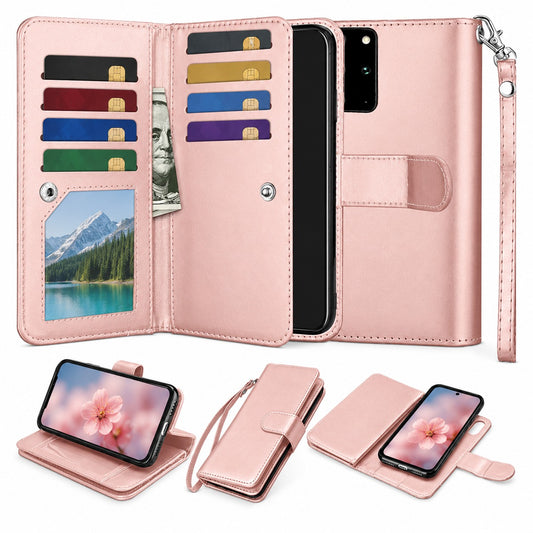 Bifold 9 Card Detachable Wallet Case for Samsung Galaxy S20 - Rose Gold
