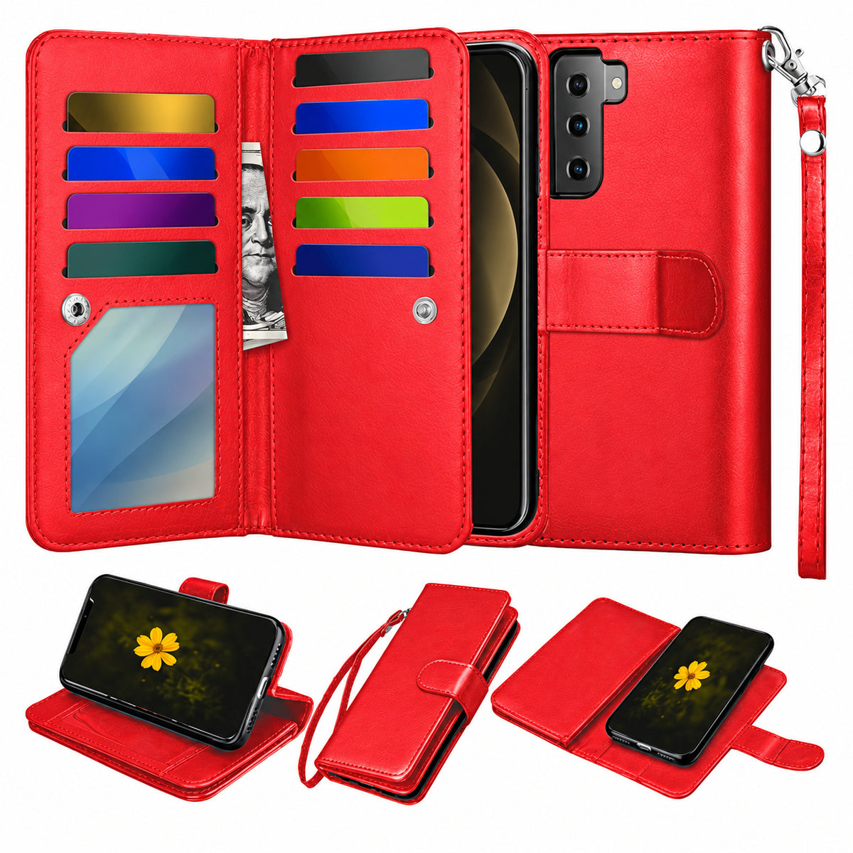 Bifold 9 Card detachable wallet for Samsung Galaxy S21 Plus - Red