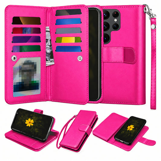 Bifold 9 Card Detachable Wallet for Samsung Galaxy S26 Ultra - Hot Pink