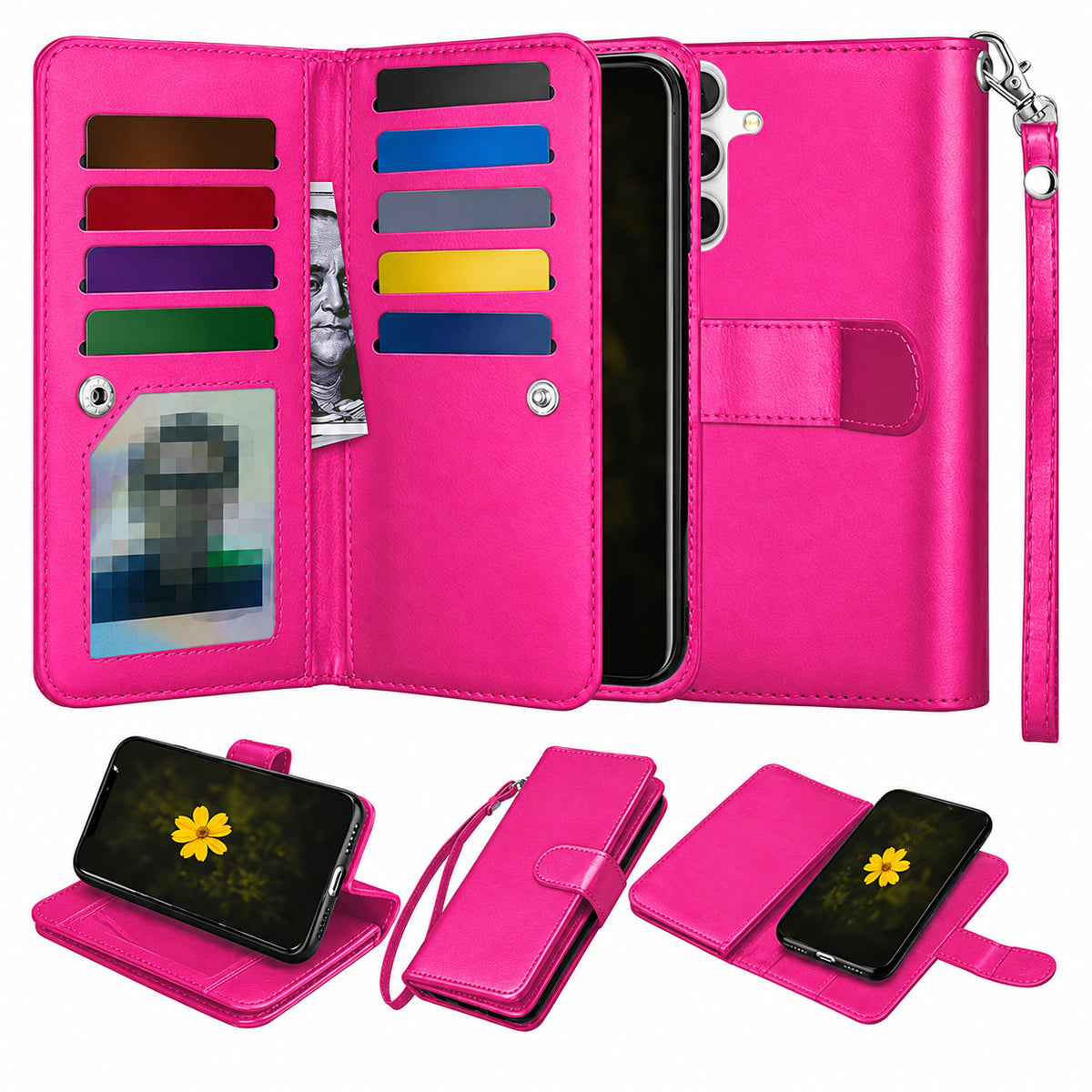 Bifold 9 Card detachable wallet for Samsung Galaxy S26 - Hot Pink