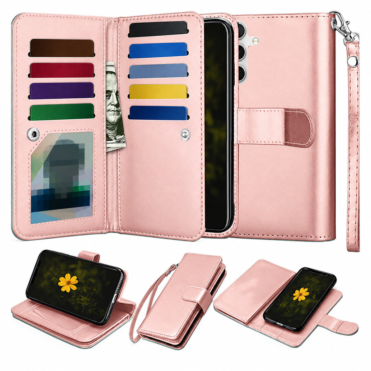 Bifold 9 Card detachable wallet for Samsung Galaxy S26 - Rose Gold
