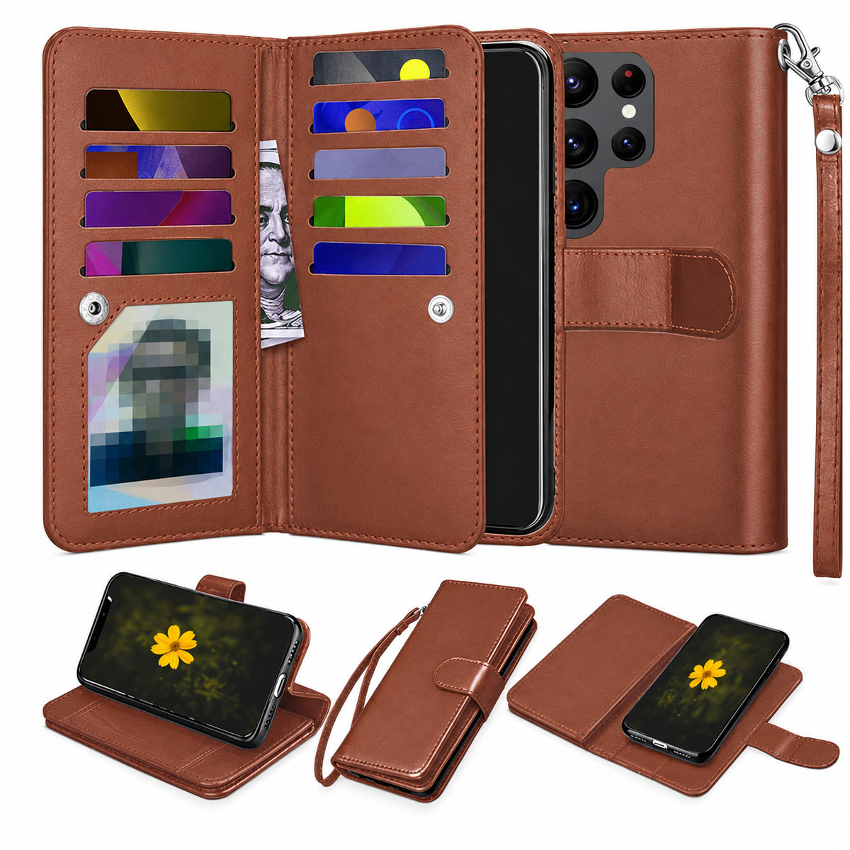 Bifold 9 Card Detachable Wallet for Samsung Galaxy S26 Ultra - Brown