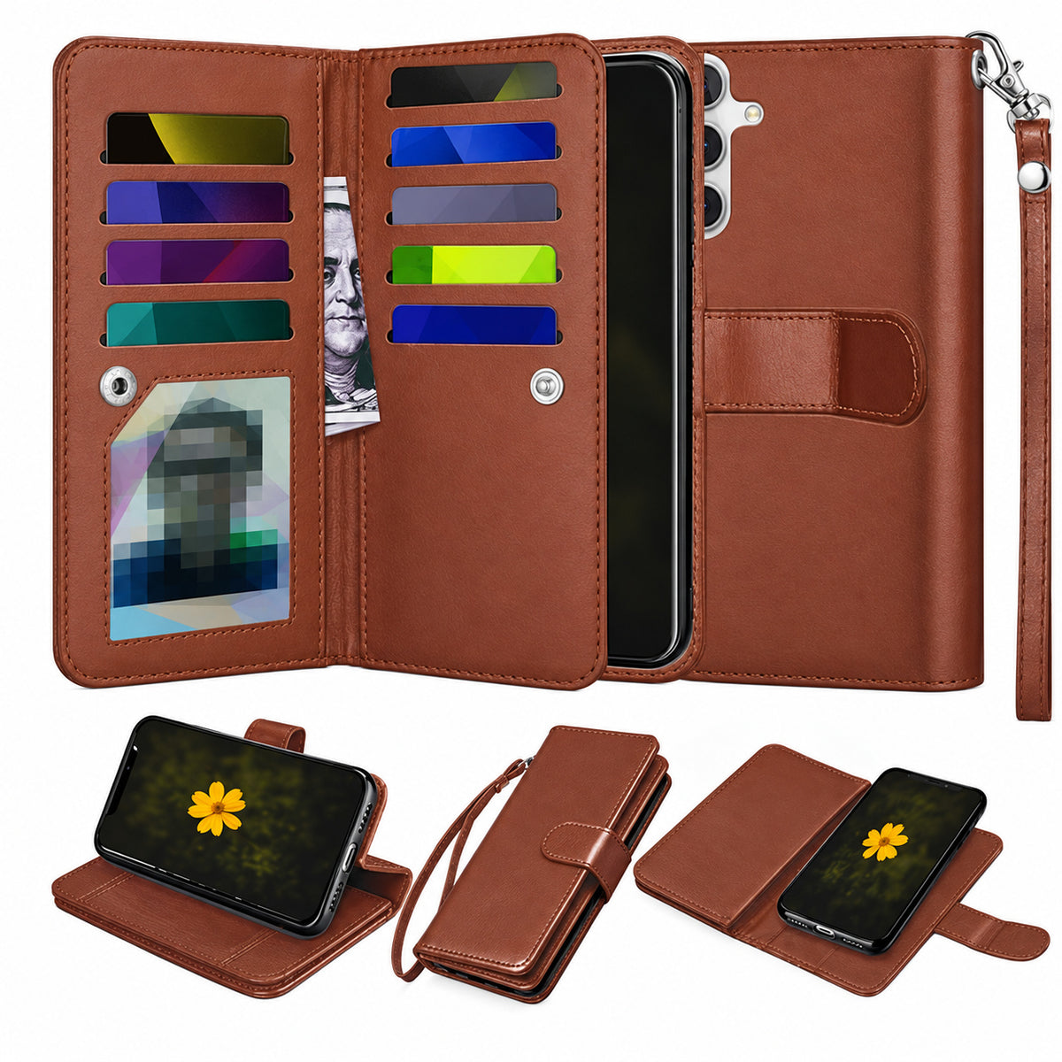 Bifold 9 Card detachable wallet for Samsung Galaxy S26 - Brown