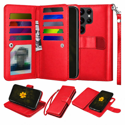 Bifold 9 Card Detachable Wallet for Samsung Galaxy S26 Ultra - Red