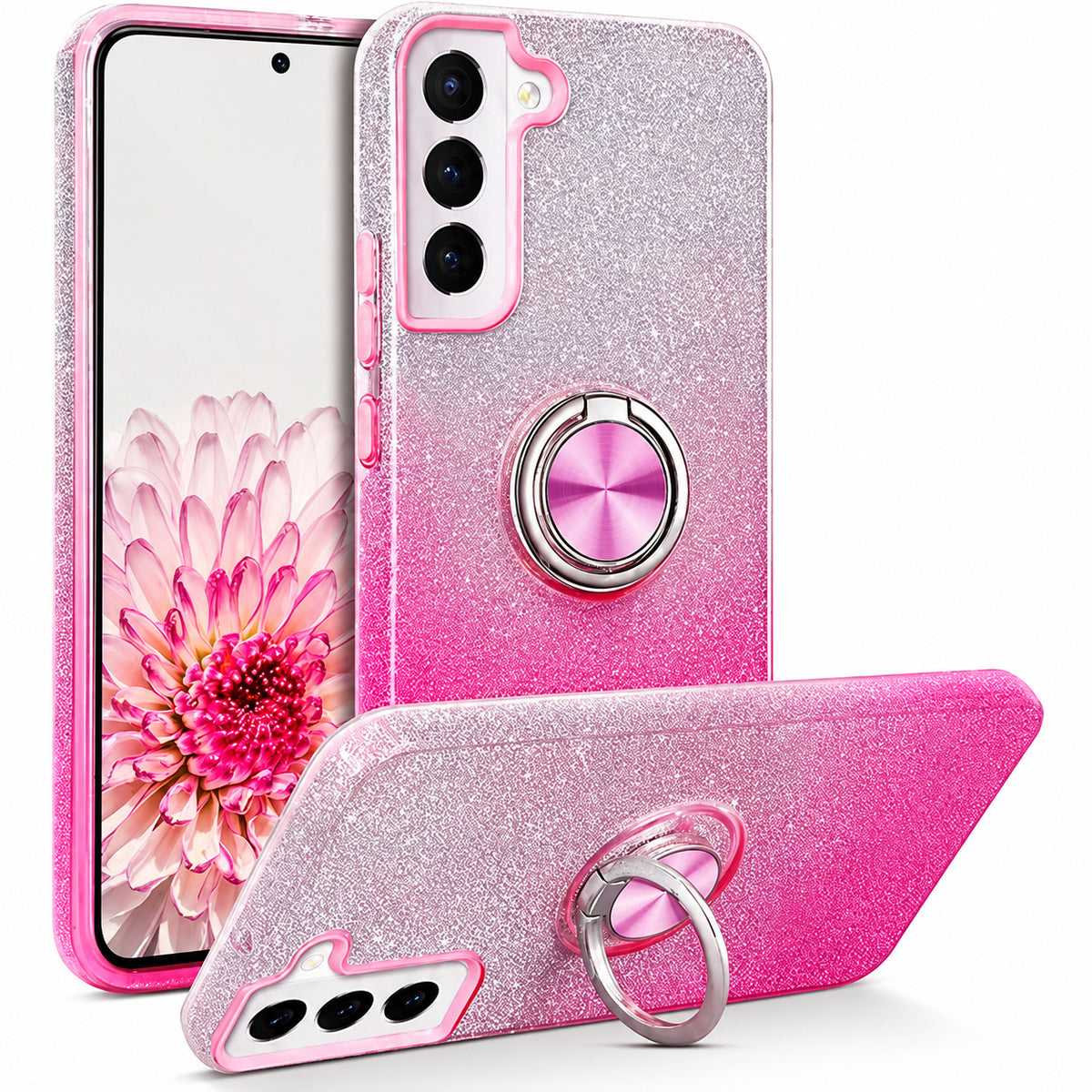 3-in-1 Glitter w/ Ring Case for Samsung Galaxy S21 FE - Pink/Silver