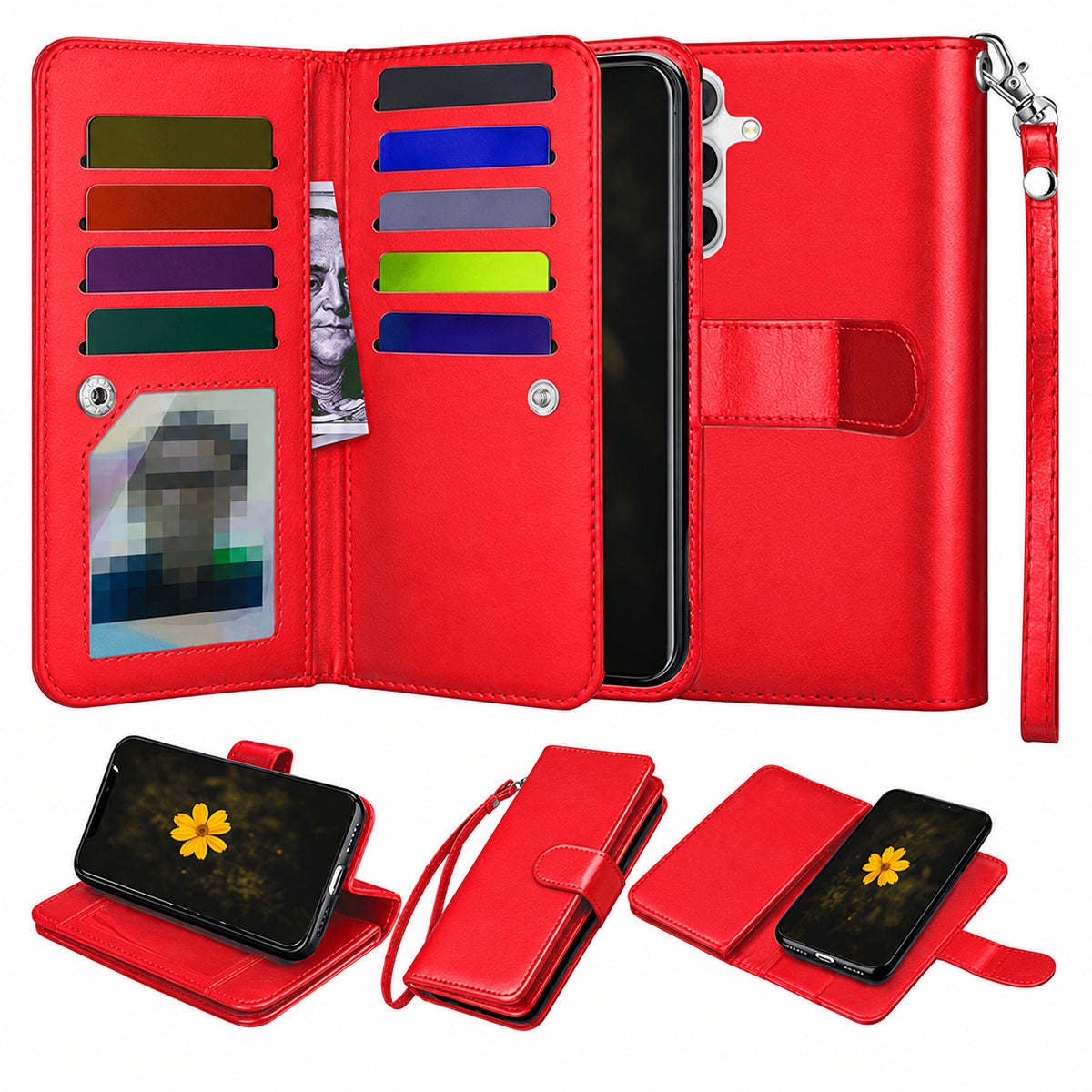 Bifold 9 Card detachable wallet for Samsung Galaxy S26 - Red