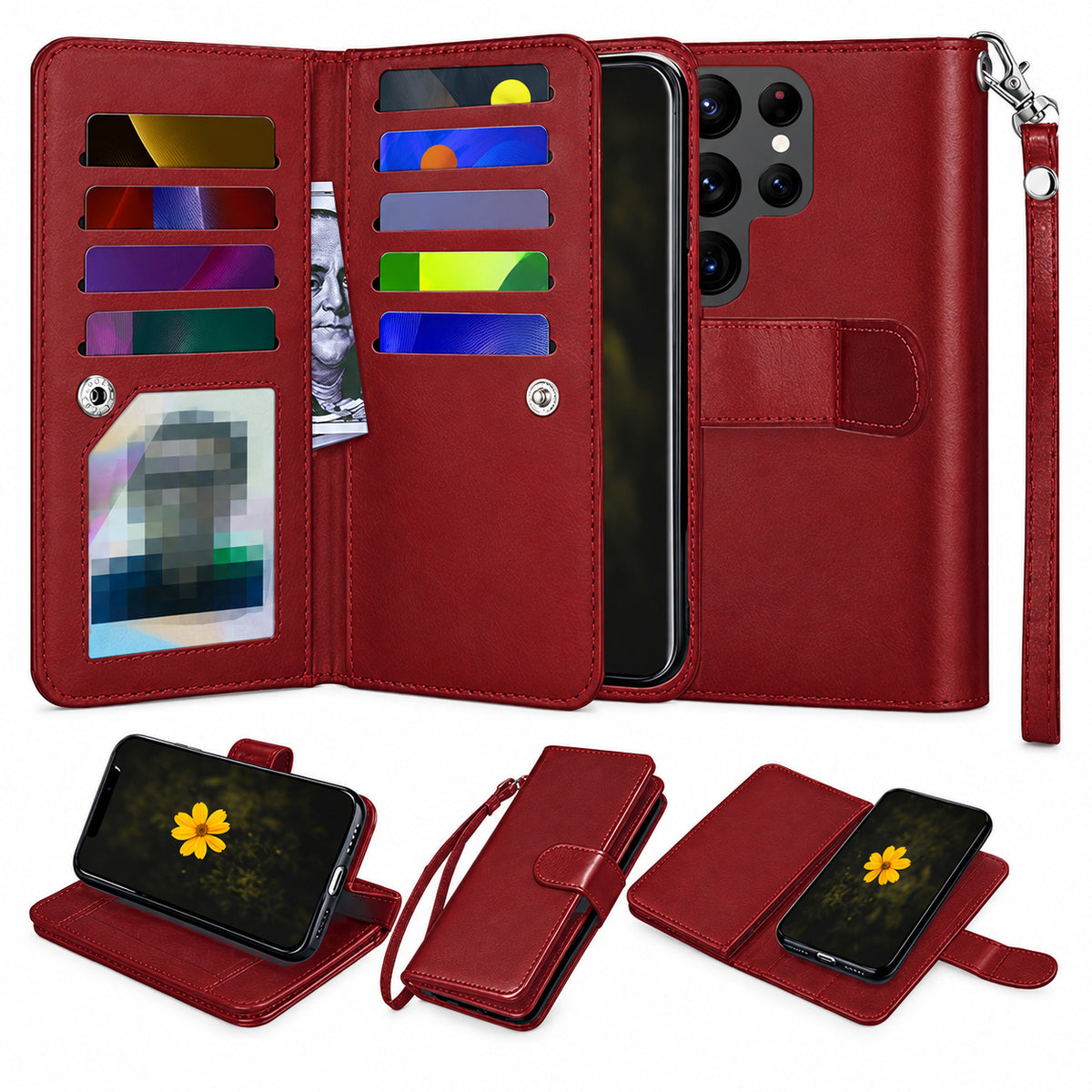 Bifold 9 Card Detachable Wallet for Samsung Galaxy S26 Ultra - Wine