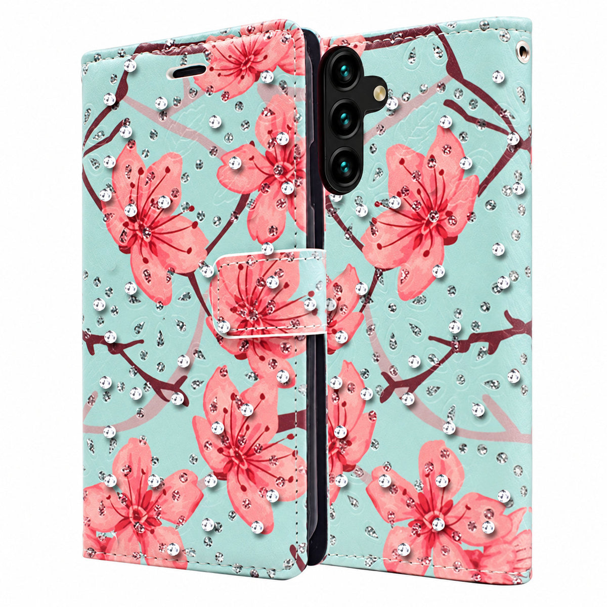 Diamond Wallet w/ Floral Design for Samsung Galaxy A14 5G - Teal