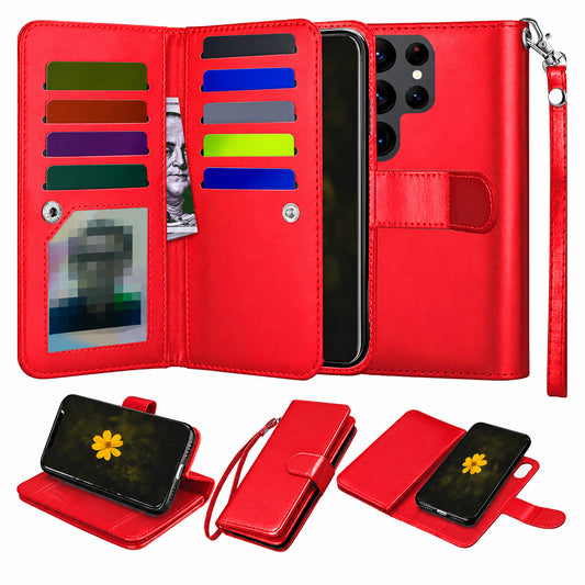 Bifold 9 Card detachable wallet for Samsung Galaxy S25 Ultra - Red