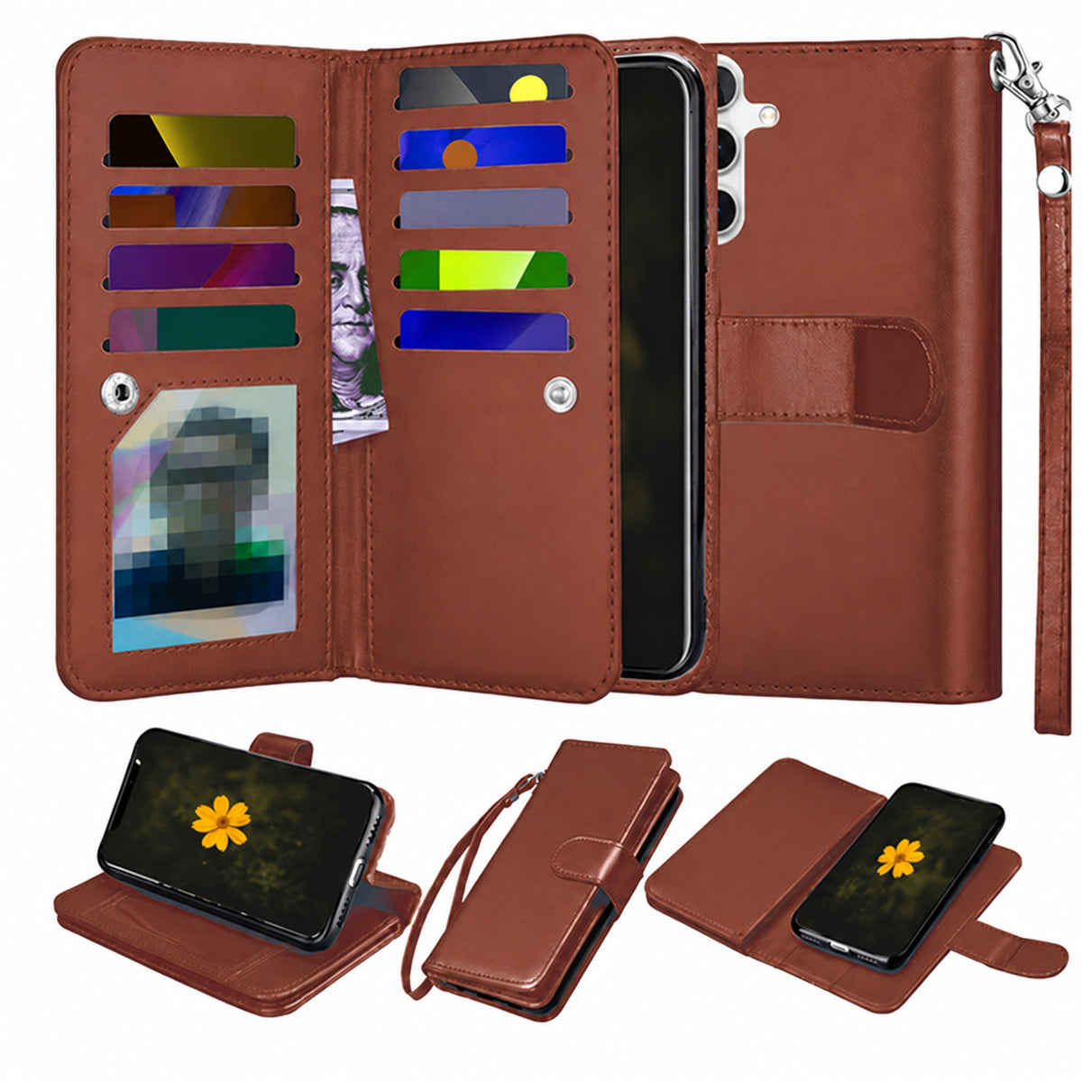 Bifold 9 Card detachable wallet for Samsung Galaxy S25 FE - Brown