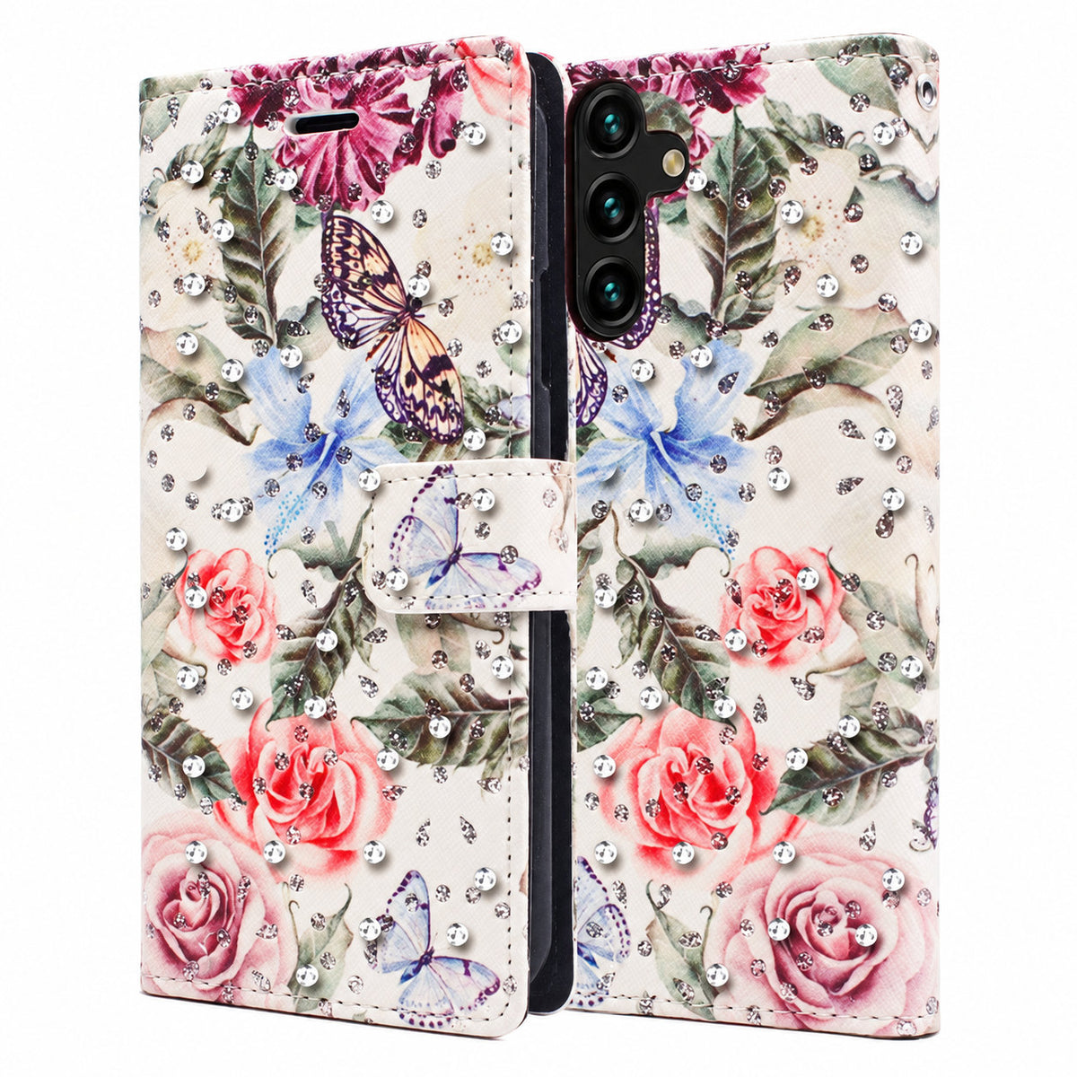 Diamond Wallet w/ Floral Design for Samsung Galaxy A14 5G - White