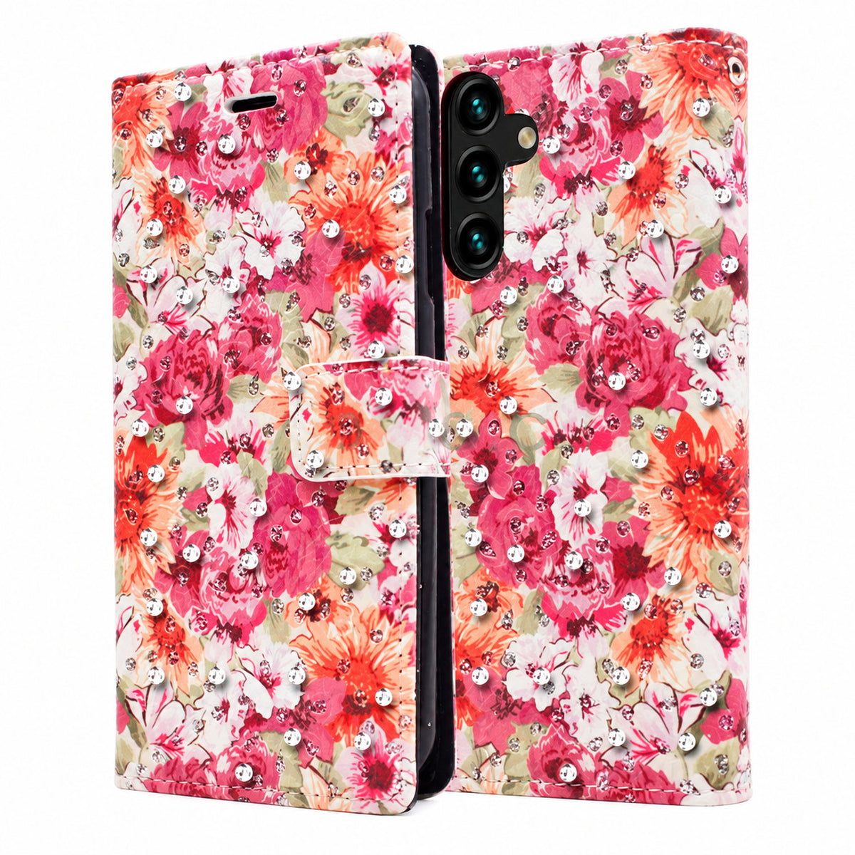 Diamond Wallet w/ Floral Design for Samsung Galaxy A14 5G - Orange Pink