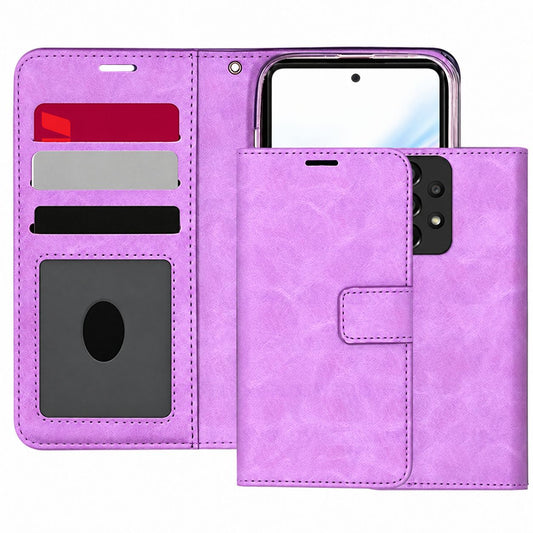 Purple Samsung Galaxy A53 5G wallet phone case, Photo ID Wallet design, wallet-style mobile phone cover