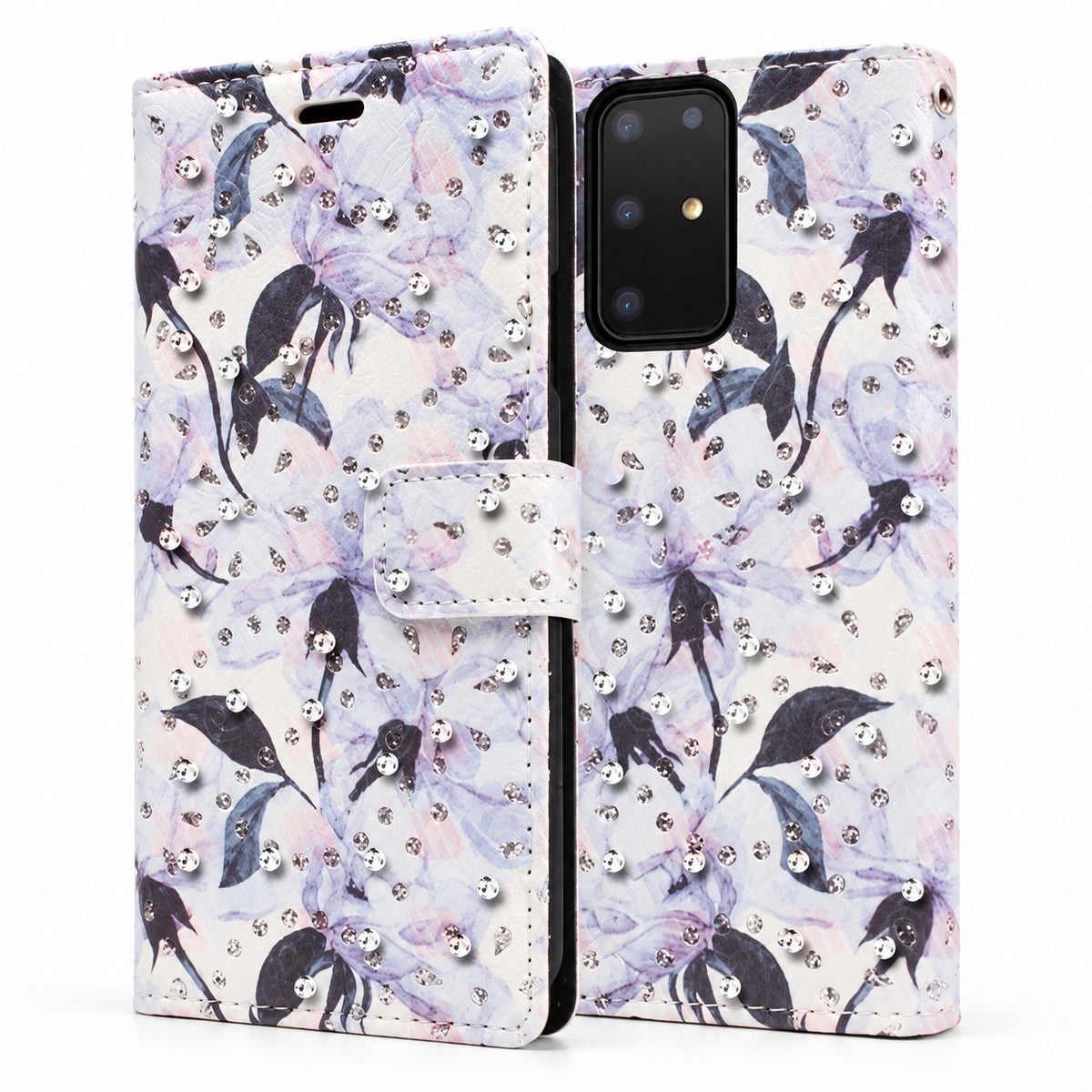 Diamond Wallet with Floral Design Case for Samsung Galaxy S20 - Light Blue Lily