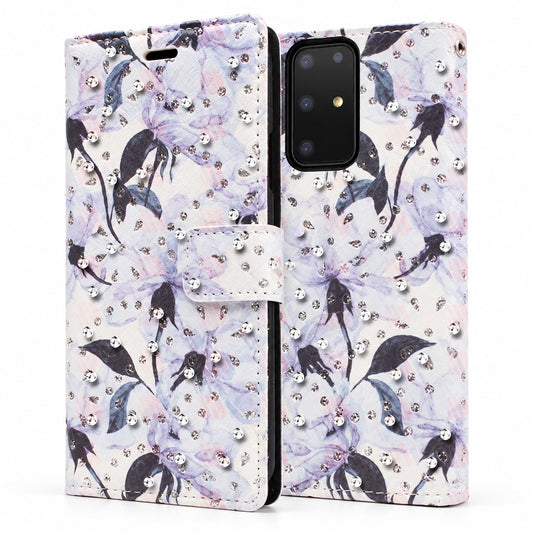 Diamond Wallet with Floral Design Case for Samsung Galaxy S20 - Light Blue Lily