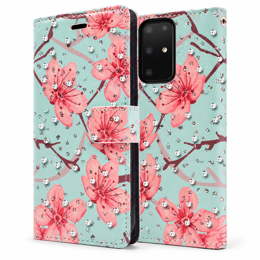 Diamond Wallet with Floral Design Case for Samsung Galaxy S20 - Teal