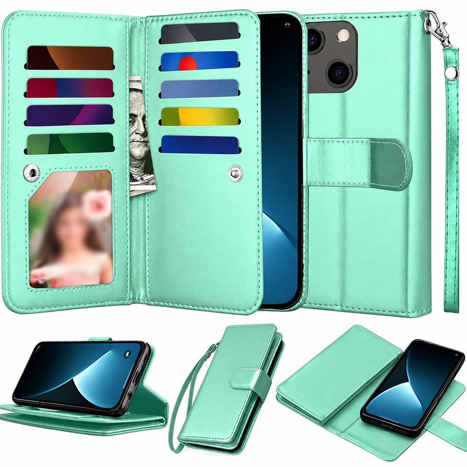 Bifold 9 Card detachable wallet for Apple iPhone 13 Mini/12 Mini - Teal
