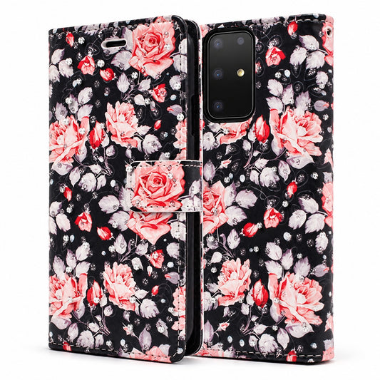 Diamond Wallet with Floral Design Case for Samsung Galaxy S20 - Black