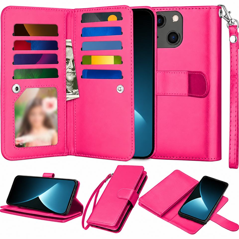 Bifold 9 Card detachable wallet for Apple iPhone 13 Mini/12 Mini - Hot Pink