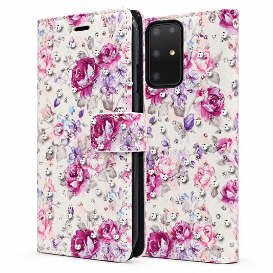 Diamond Wallet with Floral Design Case for Samsung Galaxy S20 - Purple