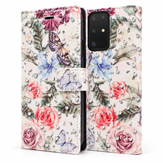 Diamond Wallet with Floral Design Case for Samsung Galaxy S20 - White Butterfly