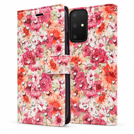 Diamond Wallet with Floral Design Case for Samsung Galaxy S20 - Orange Pink