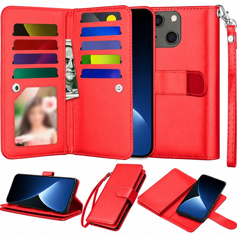 Bifold 9 Card detachable wallet for Apple iPhone 13 Mini/12 Mini - Red
