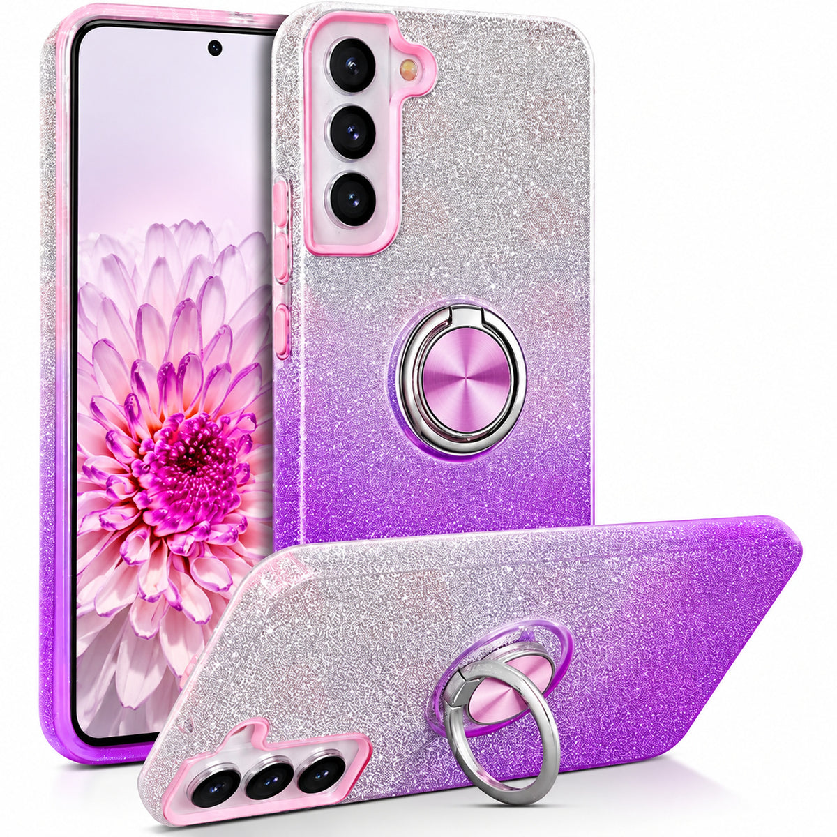3-in-1 Glitter w/ Ring Case for Samsung Galaxy S22 - Purple/Silver