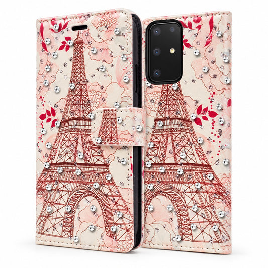 Diamond Wallet w/ Floral Design for Samsung Galaxy S20 Ultra - Pink Rose Paris