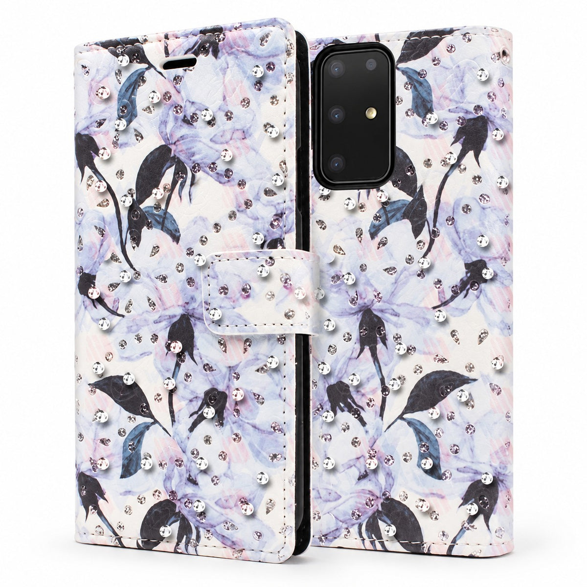 Diamond Wallet w/ Floral Design for Samsung Galaxy S20 Ultra - Light Blue Lily