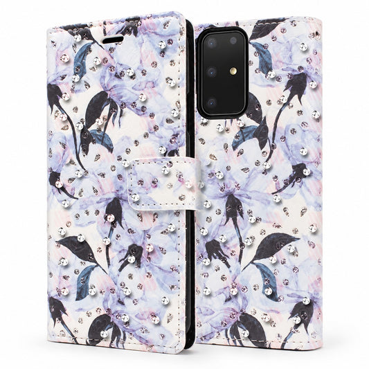 Diamond Wallet w/ Floral Design for Samsung Galaxy S20 Ultra - Light Blue Lily