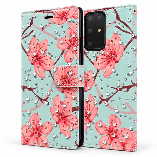 Diamond Wallet w/ Floral Design for Samsung Galaxy S20 Ultra - Teal