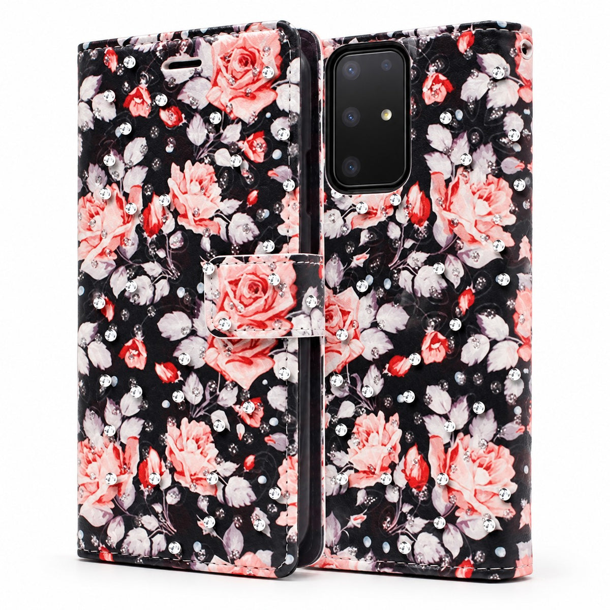 Diamond Wallet w/ Floral Design for Samsung Galaxy S20 Ultra - Black