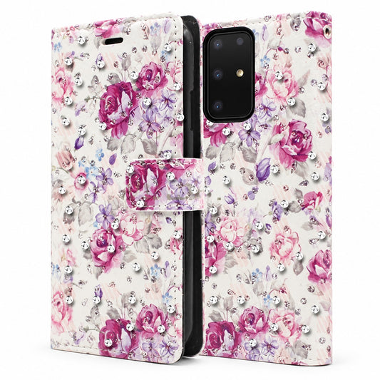Diamond Wallet w/ Floral Design for Samsung Galaxy S20 Ultra - Purple