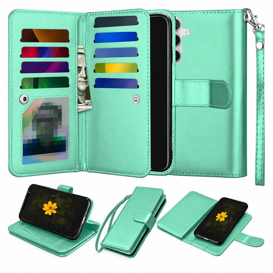 Teal Samsung Galaxy A26 wallet phone case, Bifold 9 Card detachable wallet design