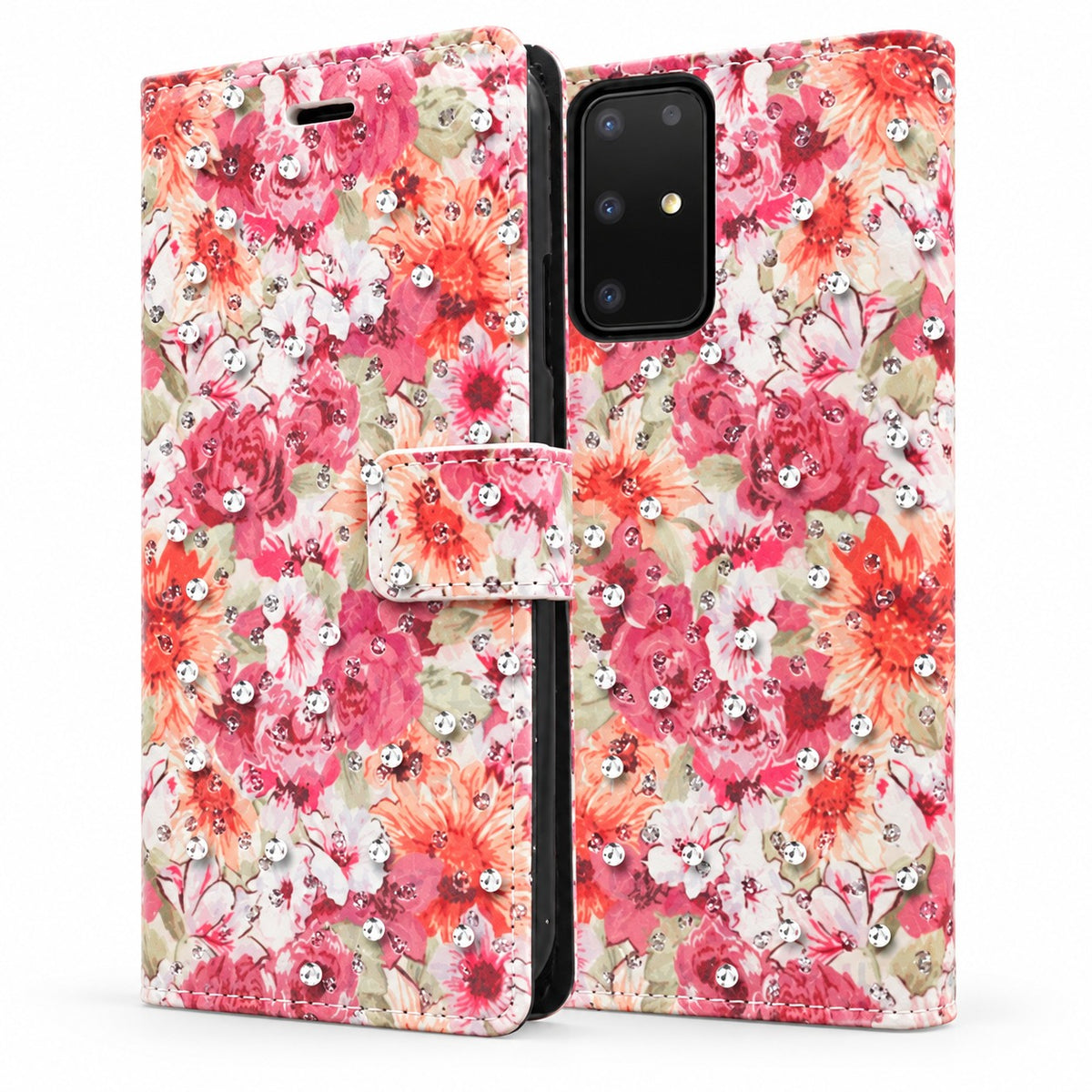 Diamond Wallet w/ Floral Design for Samsung Galaxy S20 Ultra - Orange Pink