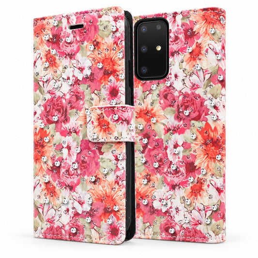 Diamond Wallet w/ Floral Design for Samsung Galaxy S20 Ultra - Orange Pink