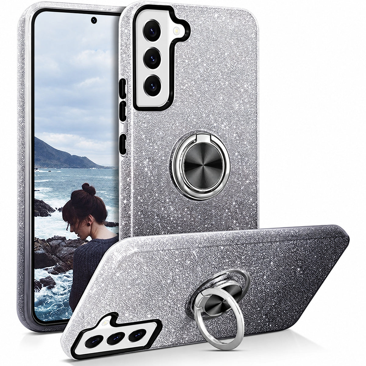 3-in-1 Glitter w/ Ring Case for Samsung Galaxy A35 5G - Black/Silver