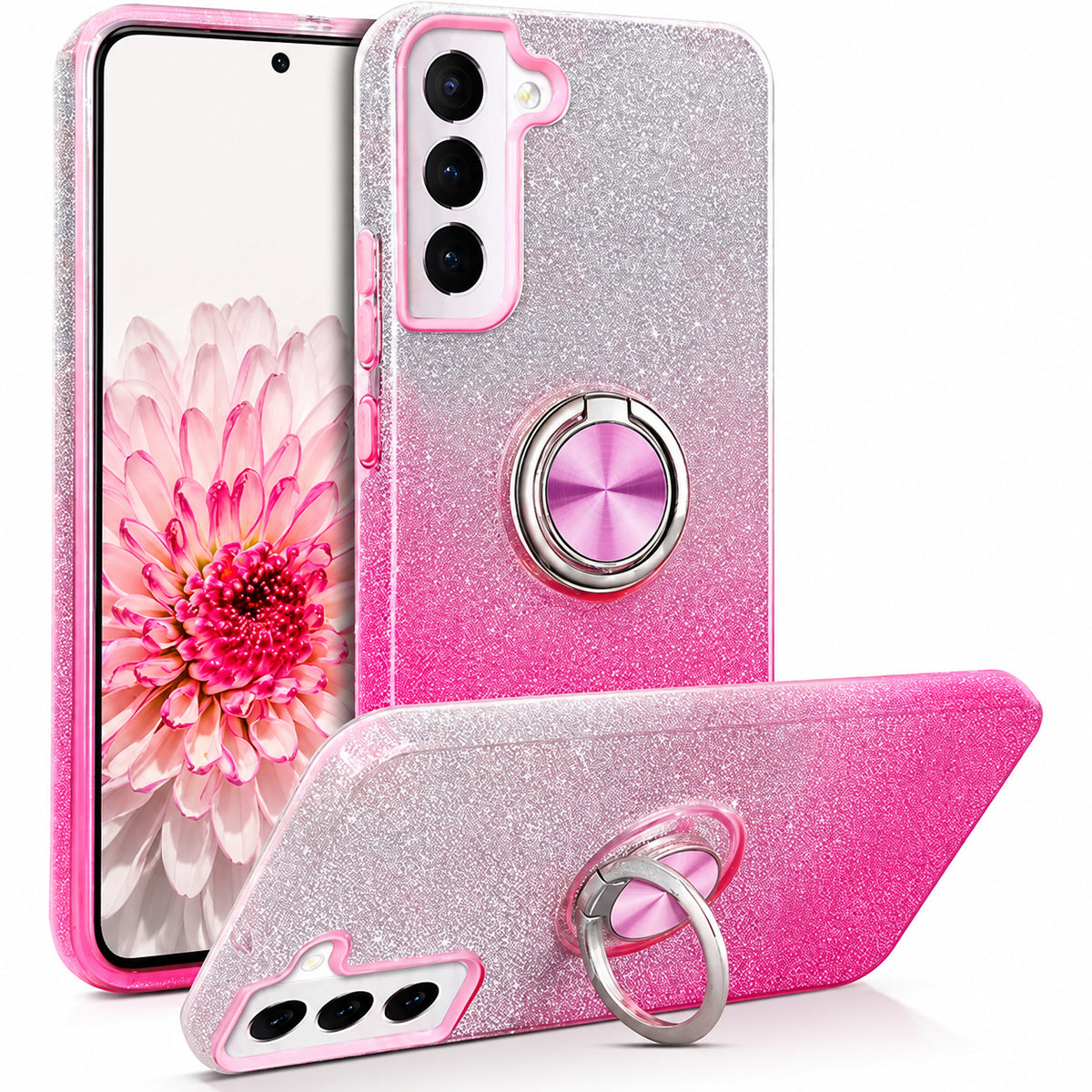 3-in-1 Glitter w/ Ring Case for Samsung Galaxy S23 - Pink/Silver