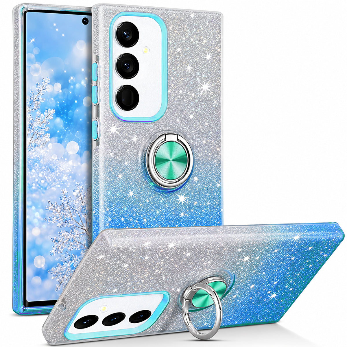 3-in-1 Glitter w/ Ring Case for Samsung Galaxy A56 - Blue/Silver