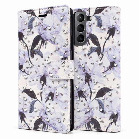 Diamond Wallet with Floral Design Case for Samsung Galaxy S22 Plus - Light Blue Lily